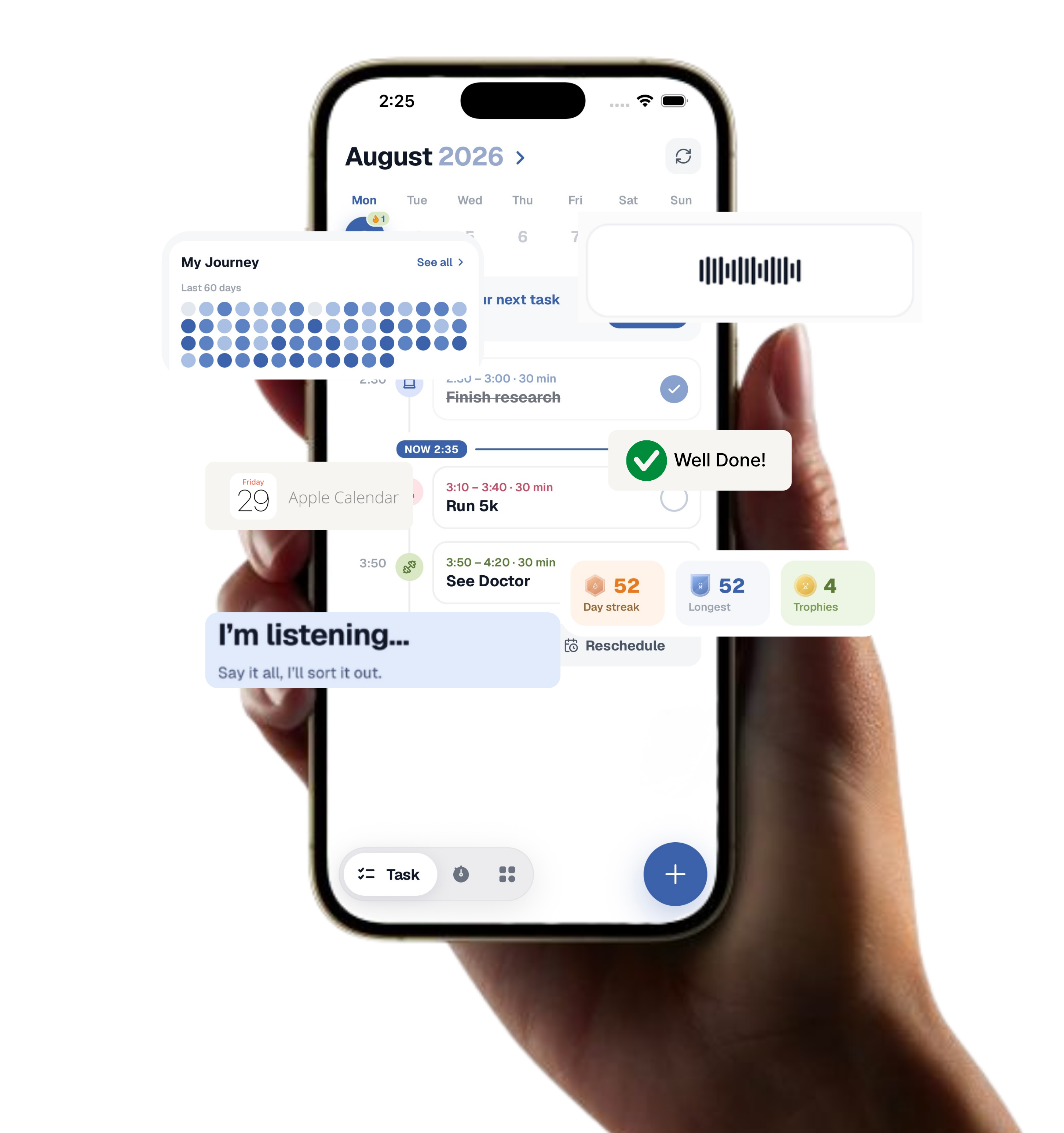 A hand holding an iPhone running the Sumu daily planner, with journey, calendar and streak cards around it