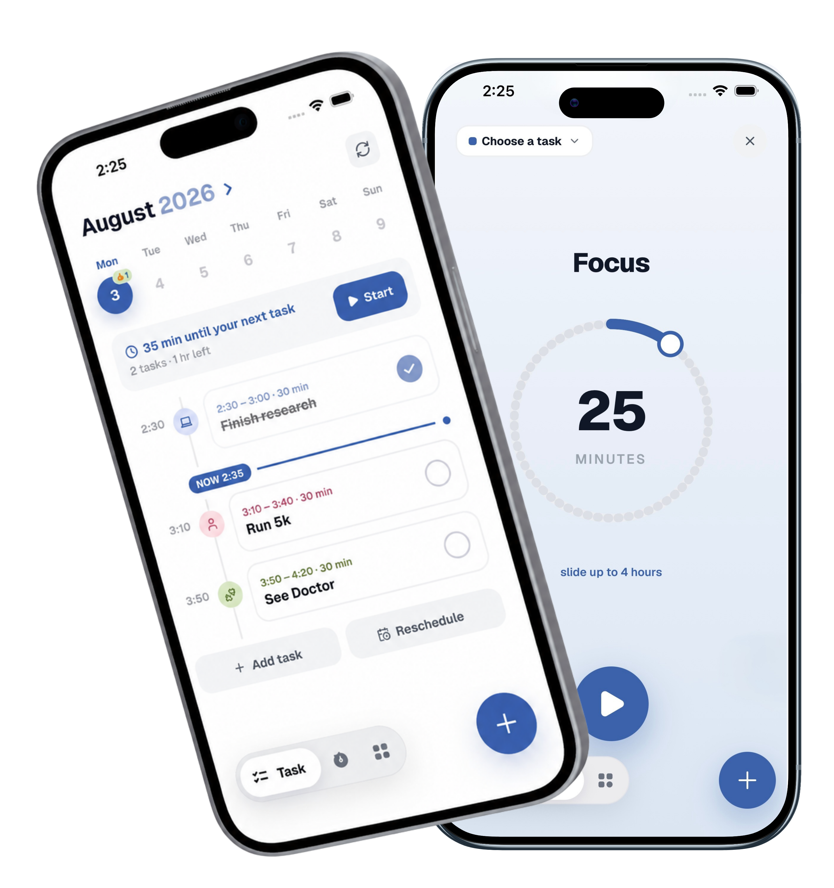The Sumu daily planner: a day of timed tasks beside the focus timer